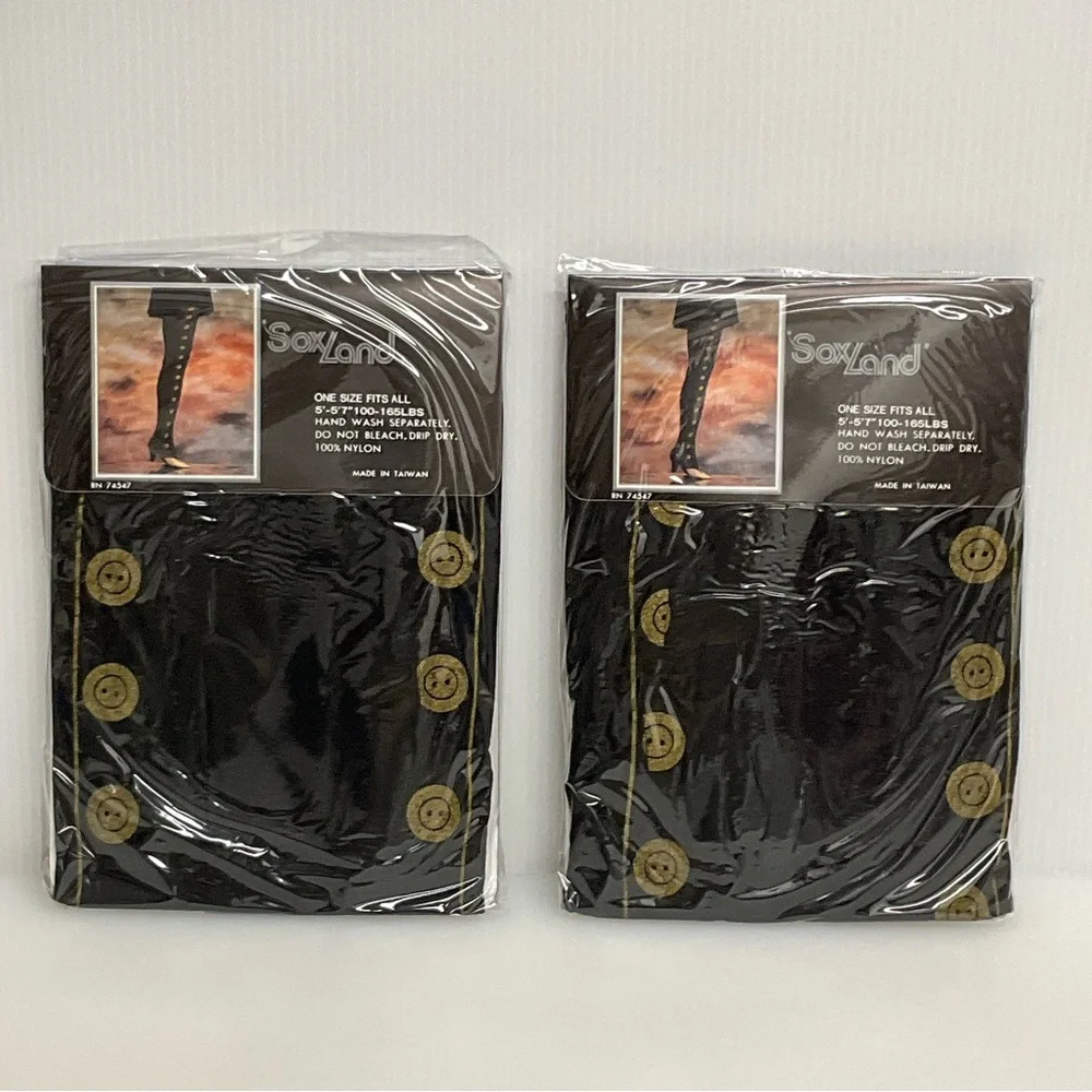 #2 VINTAGE SOXLAND OS Footed Tights Lot of 2 Black w Gold Button Embellish Look